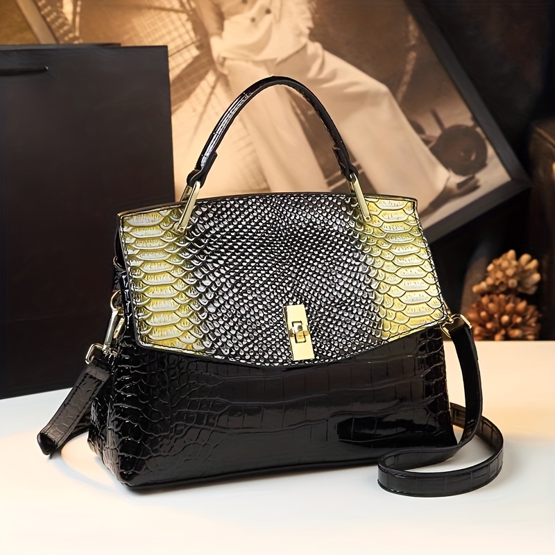 Premium Luxury Womens Retro Crocodile Pattern Bag - Stylish Crossbody Satchel with Elegant Top Handle - Versatile Shoulder & Handbag - Image 8