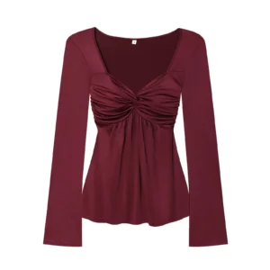PB&ZA Women 2026 Spring New Fashion Accessories V-neck T-shirt Vintage Long Sleeve Female Shirts Blusas Chic Tops