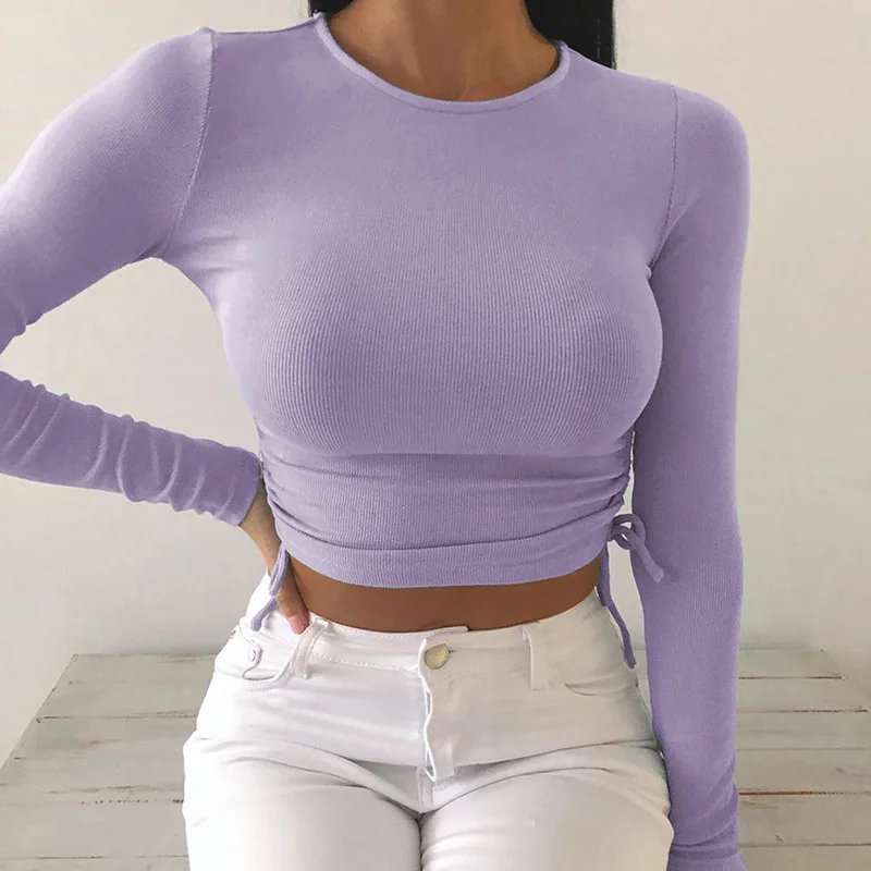 Sexy O-Neck Long Sleeve Bodycon Cropped Tops Autumn 2020 Women Irregular Drawstring Bandage Knitted Solid T-Shirt - Image 4