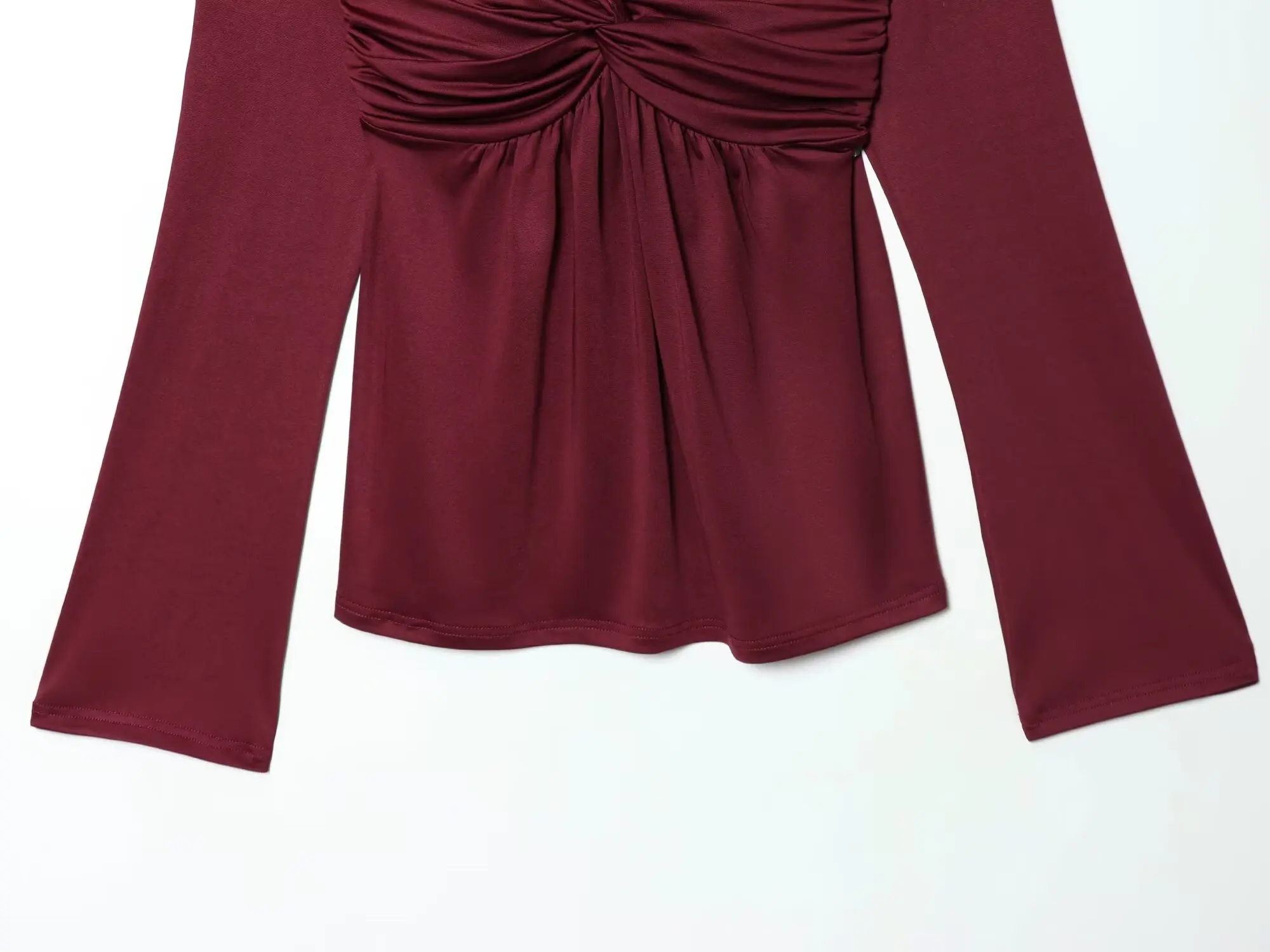 TAOP&ZA 2026 Spring New Arrival Women's Fashionable Spicy Style Burgundy V-Neck Twisted Long Sleeve Slim Fit Sexy T-Shirt 1732 - Image 6