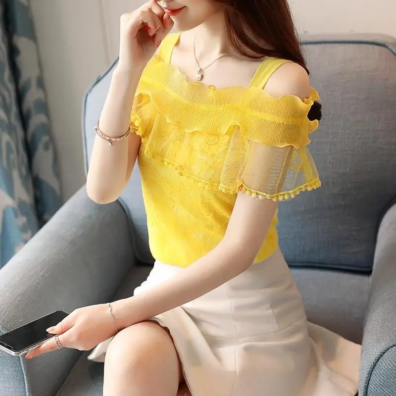 2024 New Summer Women Fashion Elegant Lace Floral Hollow Out T Shirts Tops Female Casual Solid Color Off Shoulder Ruffles Tee - Image 4