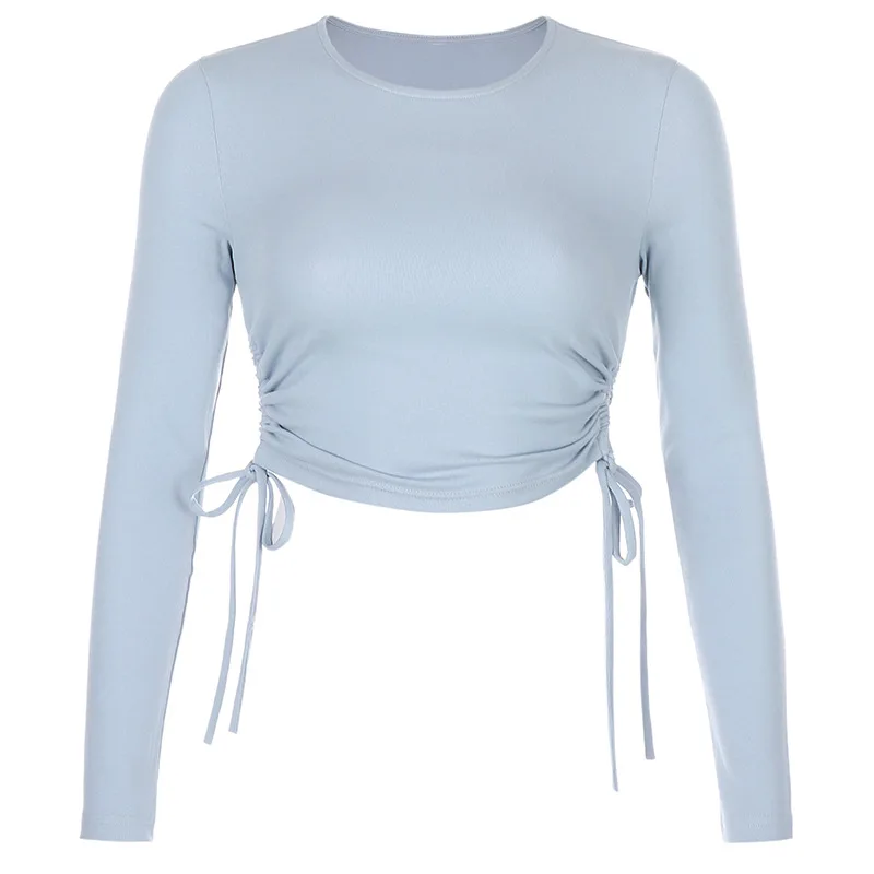 Sexy O-Neck Long Sleeve Bodycon Cropped Tops Autumn 2020 Women Irregular Drawstring Bandage Knitted Solid T-Shirt - Image 5
