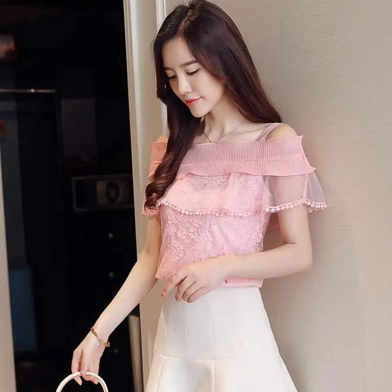 2024 New Summer Women Fashion Elegant Lace Floral Hollow Out T Shirts Tops Female Casual Solid Color Off Shoulder Ruffles Tee - Image 3