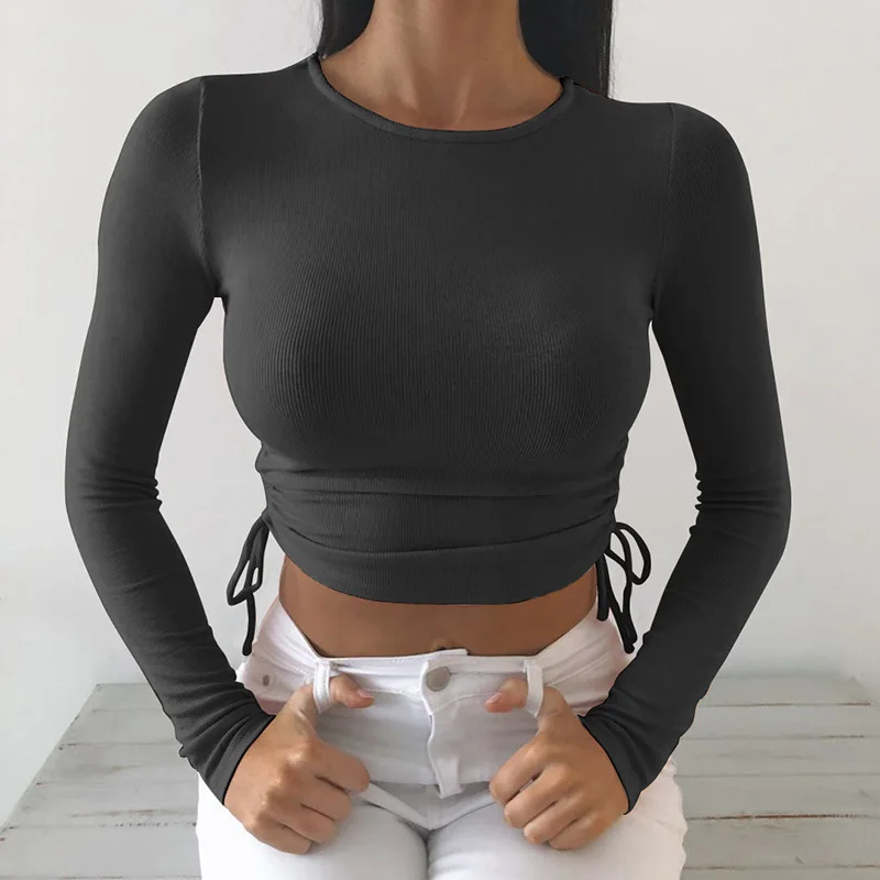 Sexy O-Neck Long Sleeve Bodycon Cropped Tops Autumn 2020 Women Irregular Drawstring Bandage Knitted Solid T-Shirt - Image 3