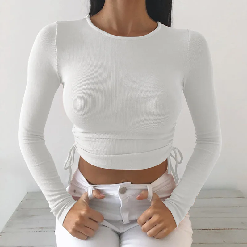 Sexy O-Neck Long Sleeve Bodycon Cropped Tops Autumn 2020 Women Irregular Drawstring Bandage Knitted Solid T-Shirt - Image 2