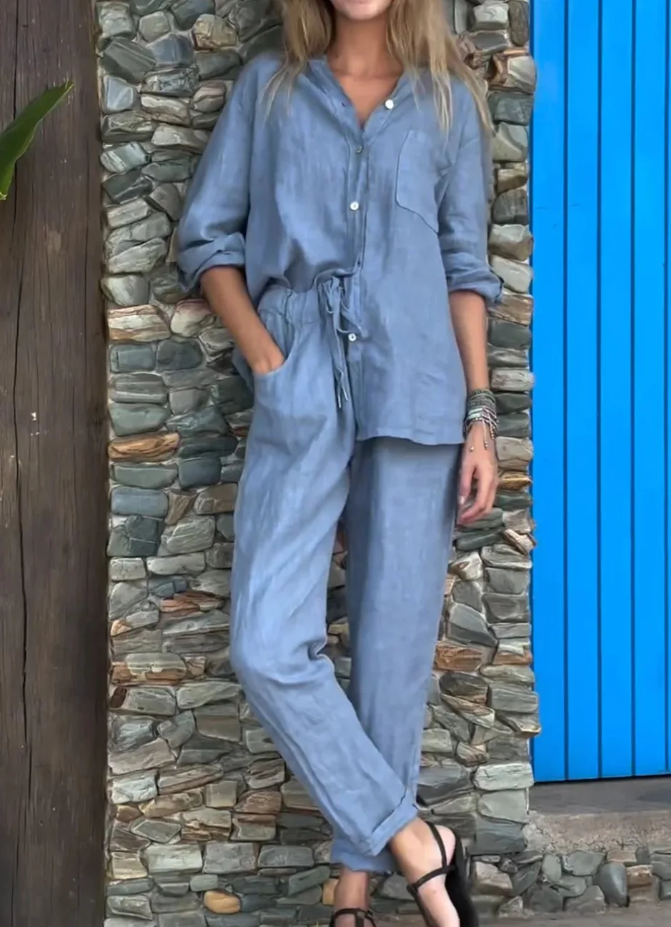Women's Cotton Linen Solid Color Two-piece Sets 2024 Spring Autumn Fashion V Neck Top Elastic Waist Loose Wide Leg Pants Set - Image 8