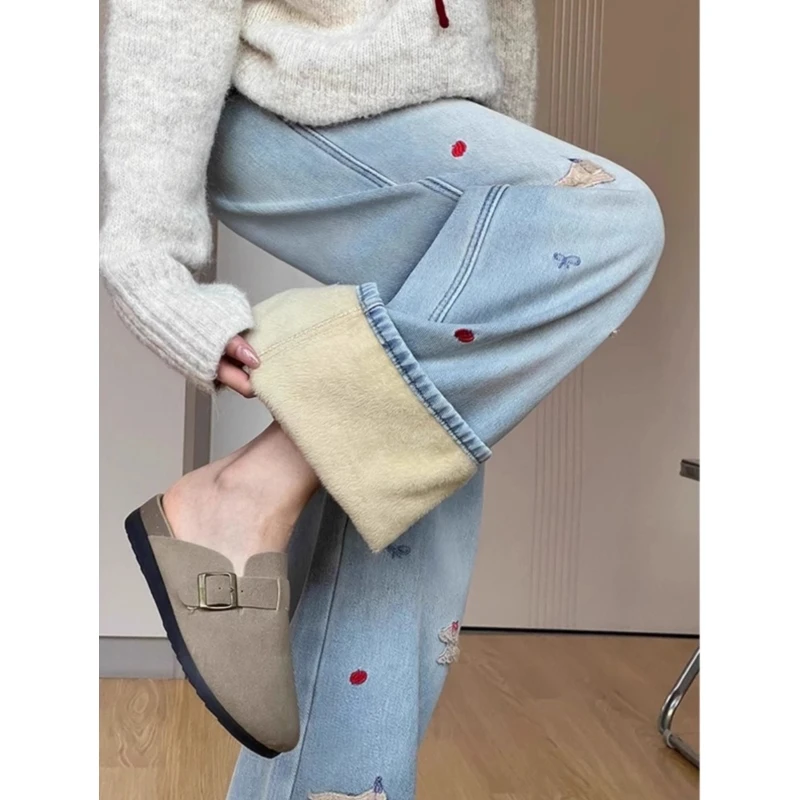 Winter 2025 Y2k Pants For Women Embroidered Flared Jeans Thick - Image 3