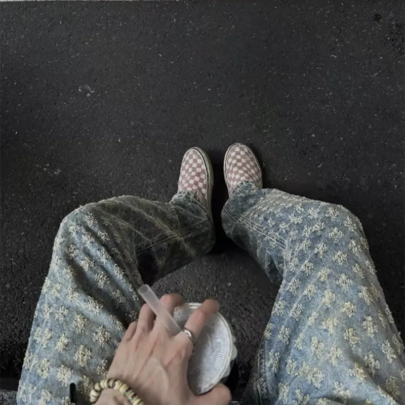 Jacquard All-over Printed American Jeans Thin Slim Fit Straight-leg Bootcut Pants