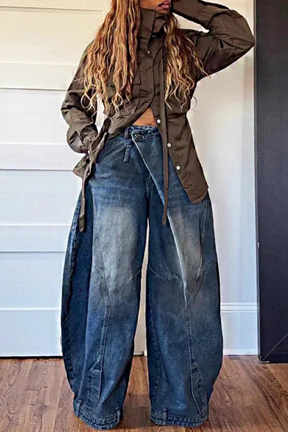 Women Loose Denim Jeans Pants Asymmetric Button Pocket Washed Casual Harajuku High Street Grunge Denim Trouders Jeans for Women - Image 3