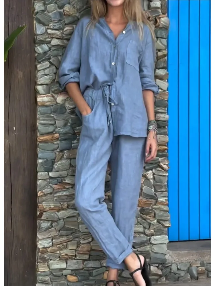 Women's Cotton Linen Solid Color Two-piece Sets 2024 Spring Autumn Fashion V Neck Top Elastic Waist Loose Wide Leg Pants Set - Image 2