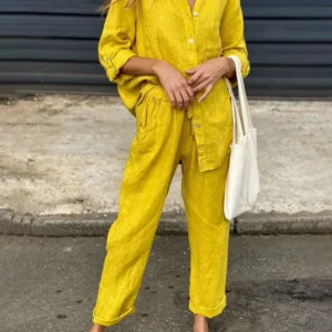 Women's Cotton Linen Solid Color Two-piece Sets 2024 Spring Autumn Fashion V Neck Top Elastic Waist Loose Wide Leg Pants Set