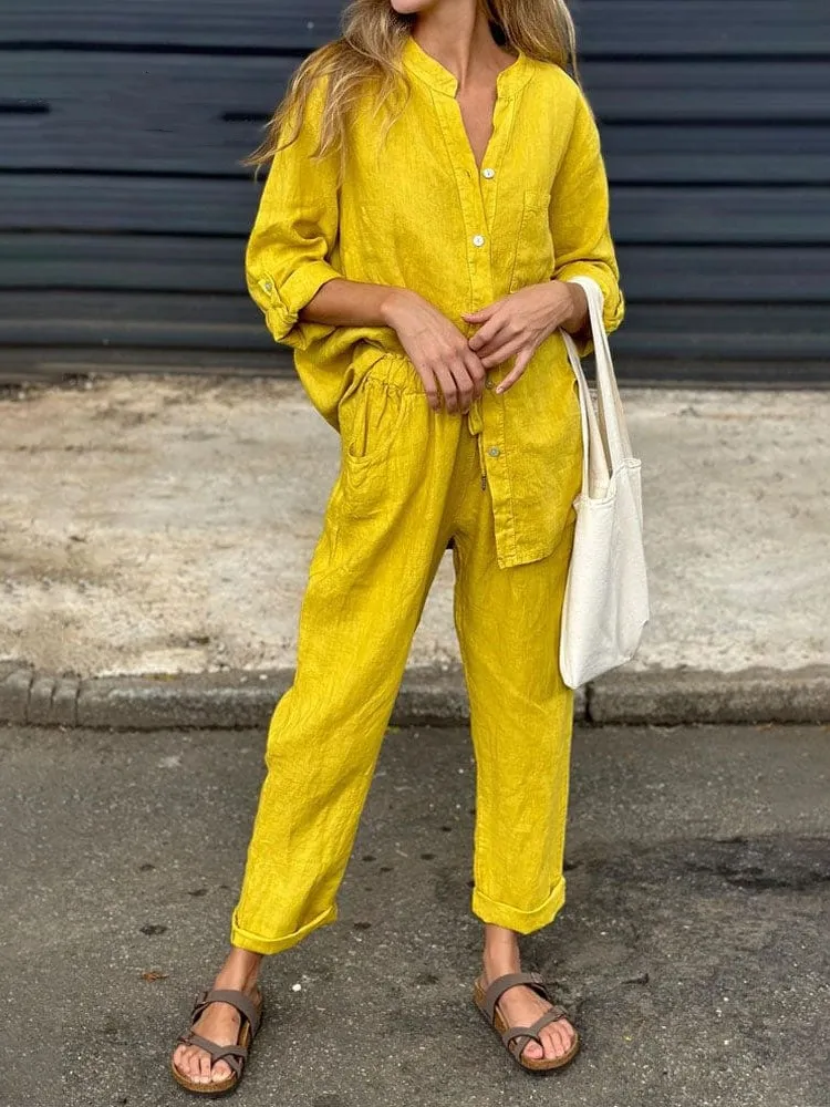 Women's Cotton Linen Solid Color Two-piece Sets 2024 Spring Autumn Fashion V Neck Top Elastic Waist Loose Wide Leg Pants Set