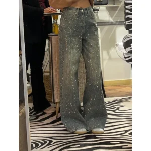 Alternative view of Summer Women Retro American Washed Rhinestone Denim Pants Full Sky Star Heavy Duty Millennium Spicy Girl Wide Leg Long Trousers