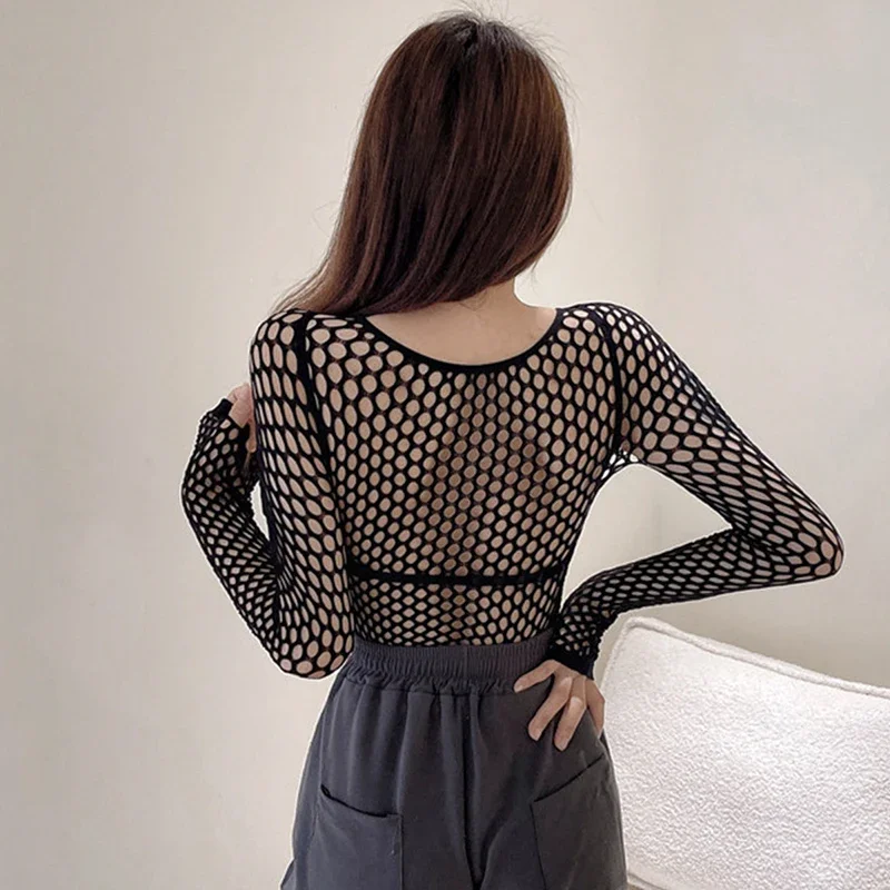 Sexy T-shirt for Women Goth Black Skinny Mesh See Through Long Sleeve Tees Pullover Crop Top Gothic Turtleneck Streetwear - Image 4