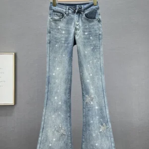 Fashion Embroidered Rhinestone High Waist Skinny Jeans 2024 Spring Autumn Elastic Slimming Women's Sequined Wide-Leg Pants