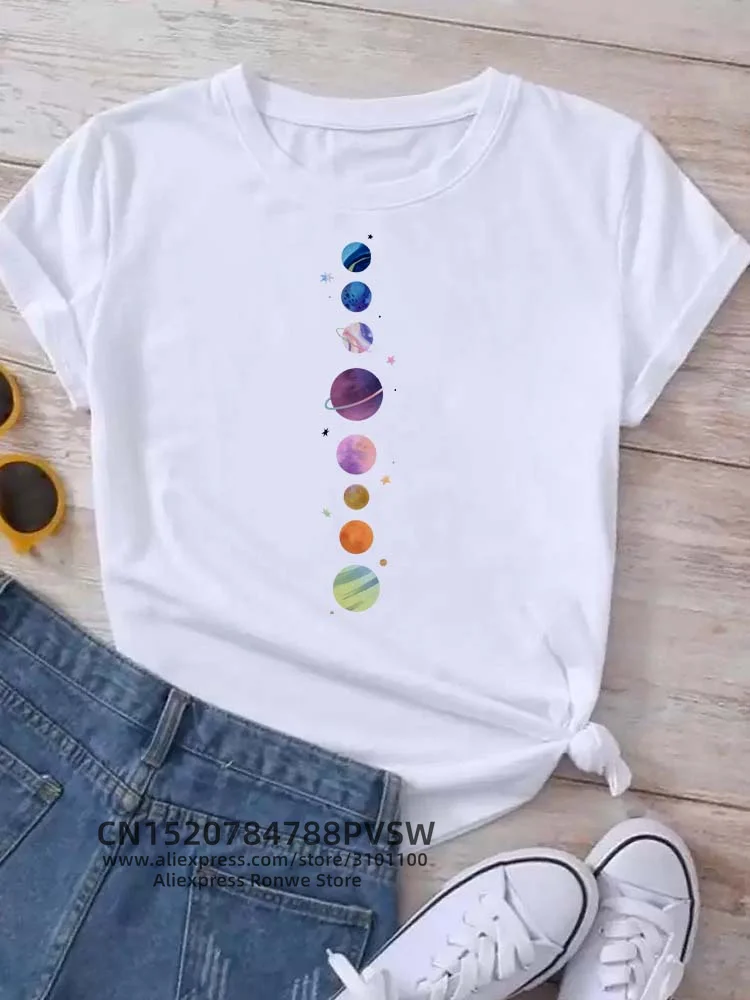 Moon Planet Space Women Print T-Shirts Girl Fashion Funy Casual Round Neck Short Sleeve Streetwear Female Clothes Vintage Tops - Image 13