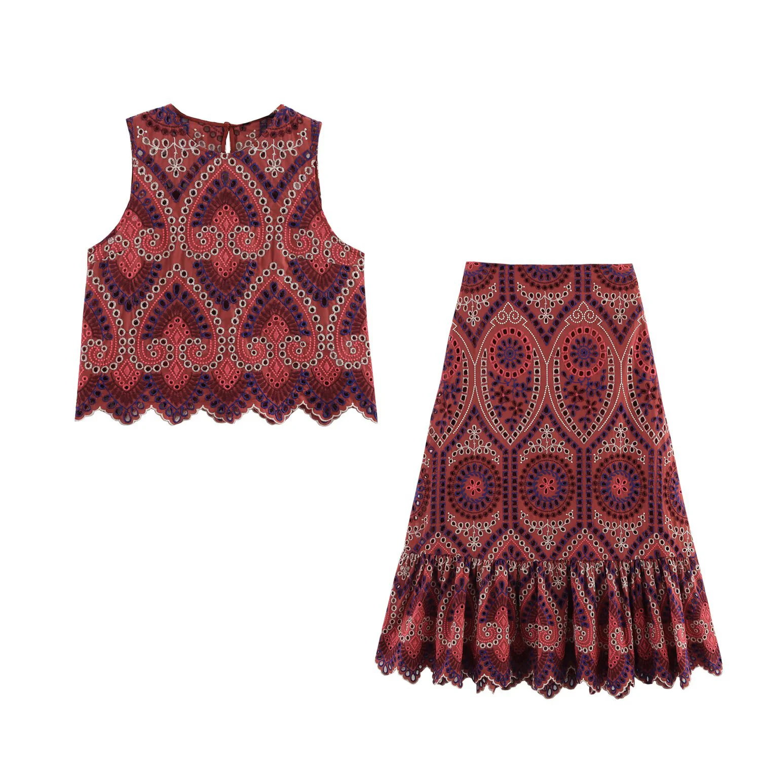 DEEABAE Comfortable Round Neck Sleeveless Top With High Waist Layered Decoration Hollowed Out Embroidery MIDI Skirt - Image 7