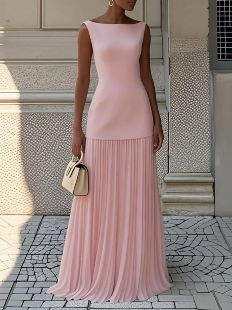 Two-piece Set Women Elegant Solid Splice Pleated Skirts Set Sexy Slash Neck Sleeveless Tank Hollow Slim Maxi Skirts - Image 2