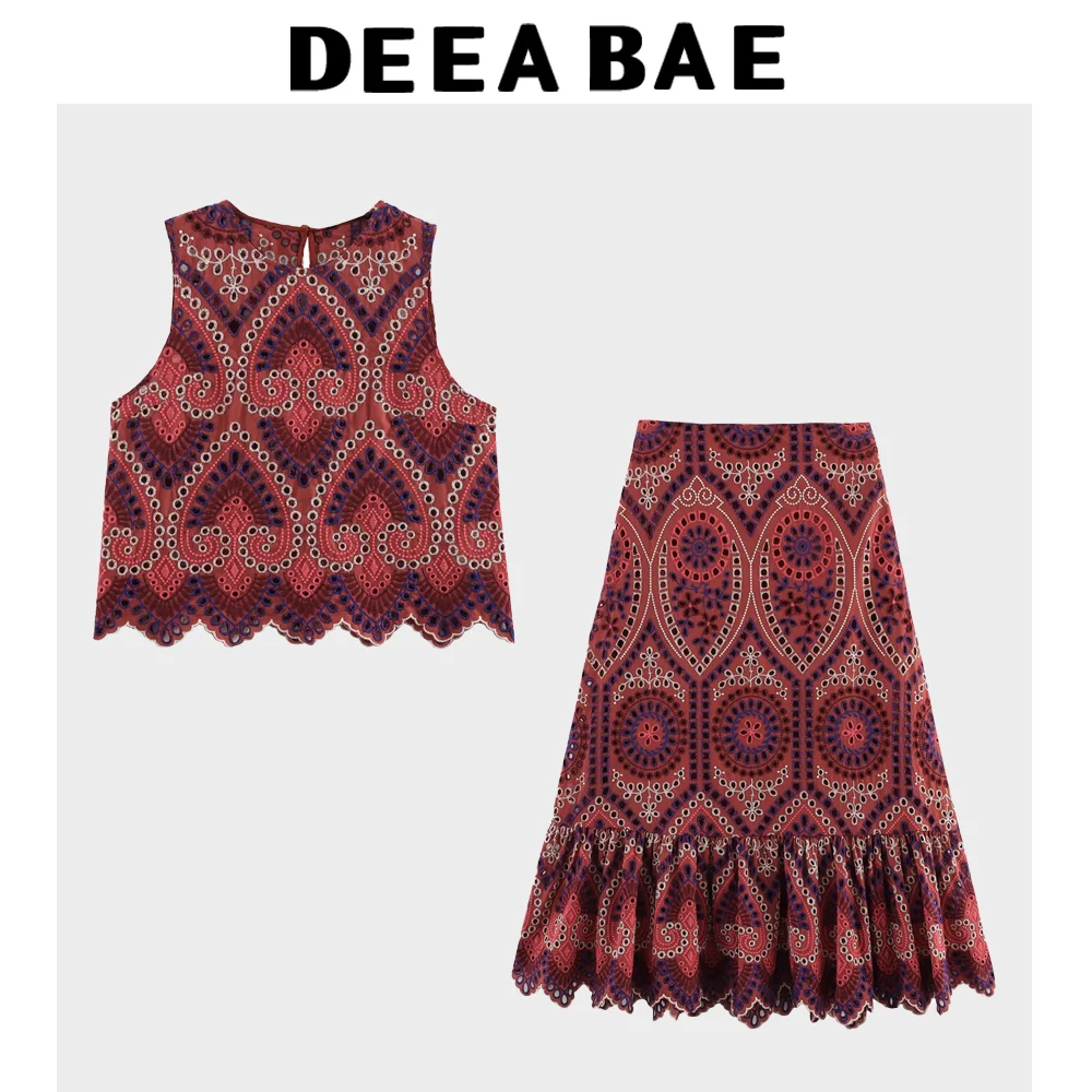 DEEABAE Comfortable Round Neck Sleeveless Top With High Waist Layered Decoration Hollowed Out Embroidery MIDI Skirt