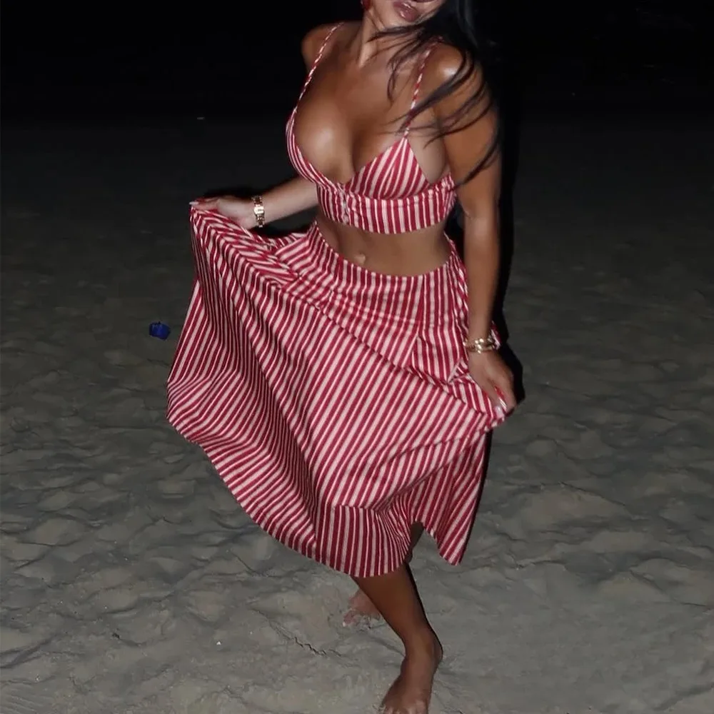 KONDALA Sexy Striped Print Women Suits V Neck Corset Short Tops High Waist Loose Skirts Fashion 2025 Summer Beach Style Sets - Image 2