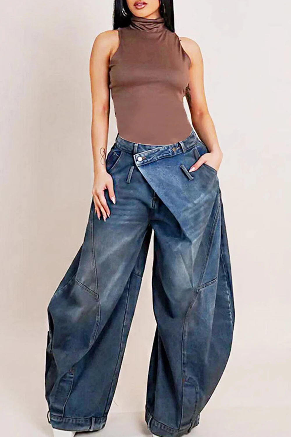 Women Loose Denim Jeans Pants Asymmetric Button Pocket Washed Casual Harajuku High Street Grunge Denim Trouders Jeans for Women - Image 2