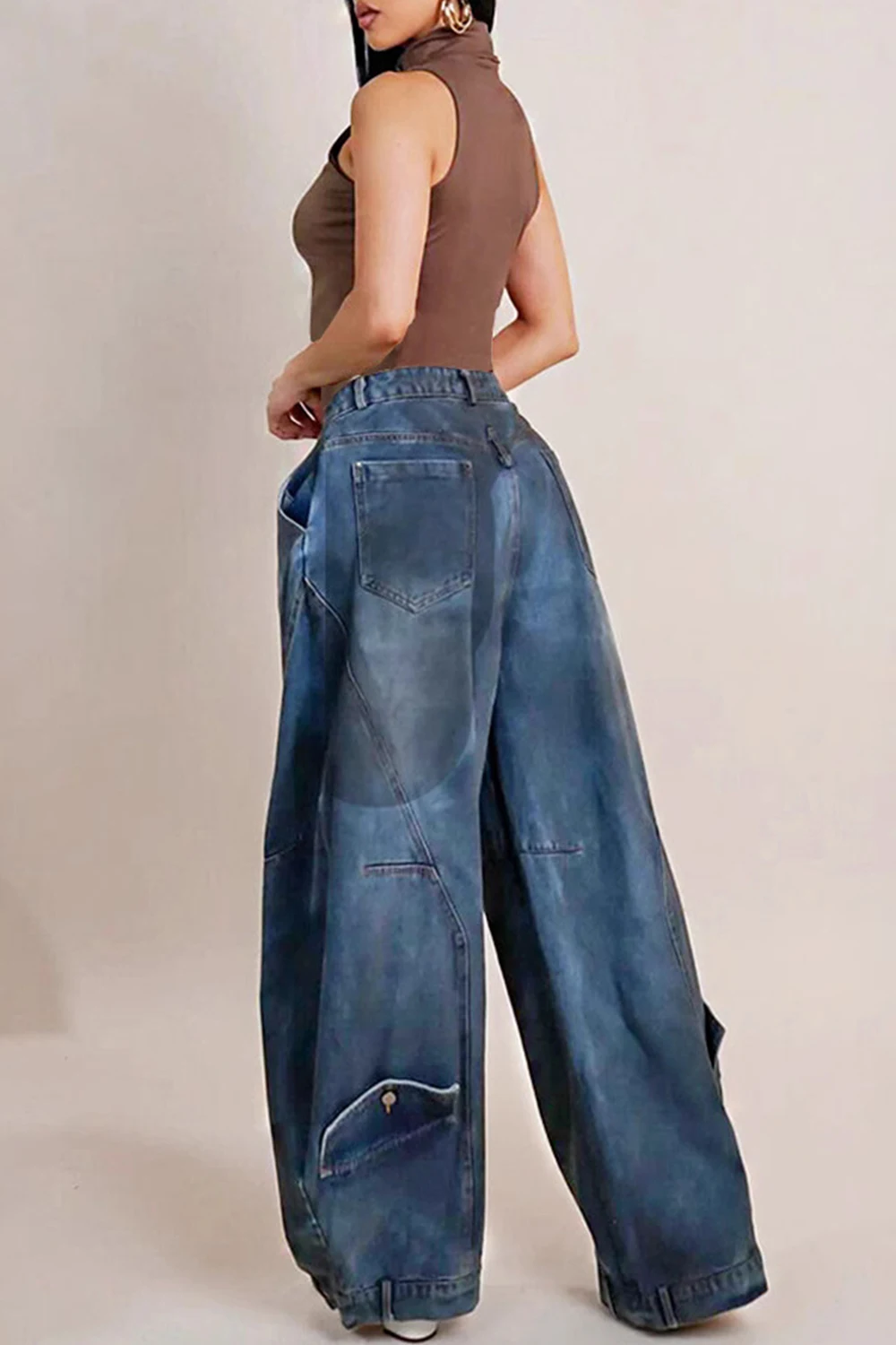 Women Loose Denim Jeans Pants Asymmetric Button Pocket Washed Casual Harajuku High Street Grunge Denim Trouders Jeans for Women - Image 5