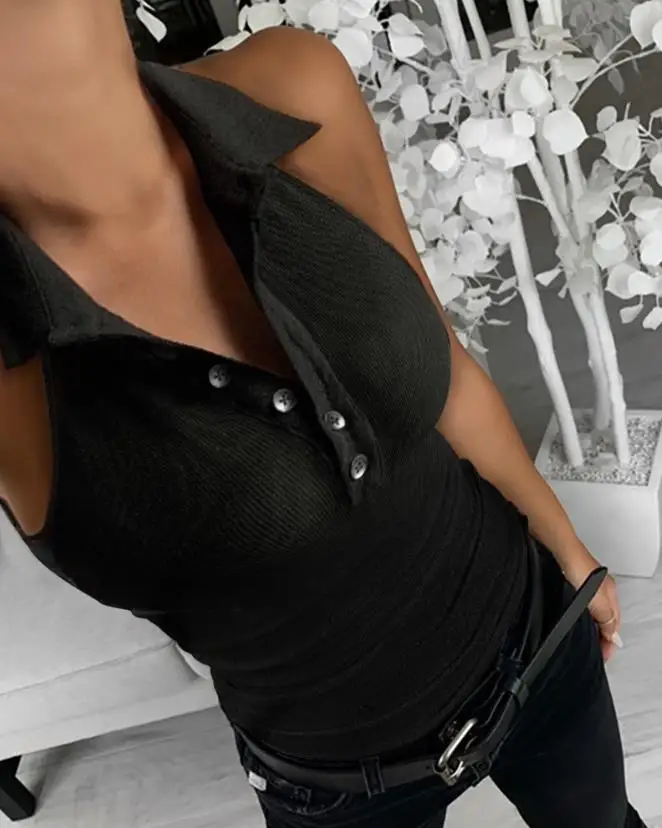 Brief Women Tank Top Simple Casual Ribbed Button Front Design Plain Daily Clothing New Fashion Women's Sleeveless T-Shirt - Image 2