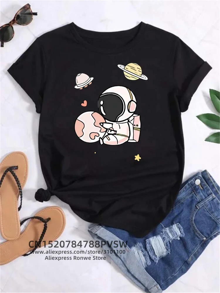 Moon Planet Space Women Print T-Shirts Girl Fashion Funy Casual Round Neck Short Sleeve Streetwear Female Clothes Vintage Tops - Image 5