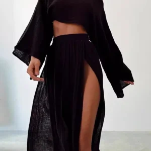 Alternative view of 2 Pcs/Set Women Crop Top Skirt Sets Long Sleeve Top High Waist Split Skirts Suit Beach Bikini Coverup Lady Elegant Party Outfit