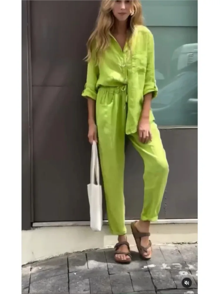 Women's Cotton Linen Solid Color Two-piece Sets 2024 Spring Autumn Fashion V Neck Top Elastic Waist Loose Wide Leg Pants Set - Image 6