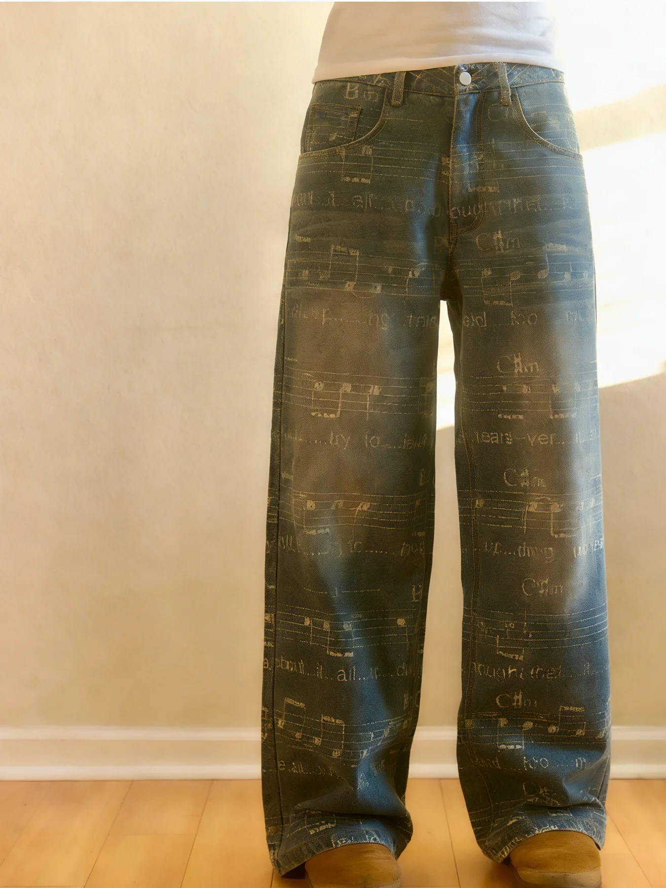 New straight-leg washed and printed denim jeans, loose-fitting high-street casual street style long pants, cropped pants, y2k - Image 3