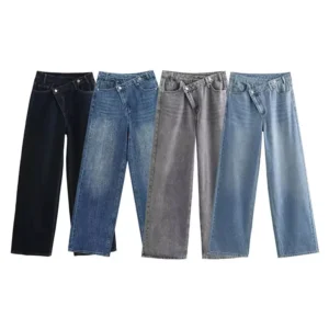 Alternative view of HH Women's Street Fashion Wide-leg Jeans Double-clad Pants With Pockets High Waist Solid Asymmetric Retro Straight Trousers