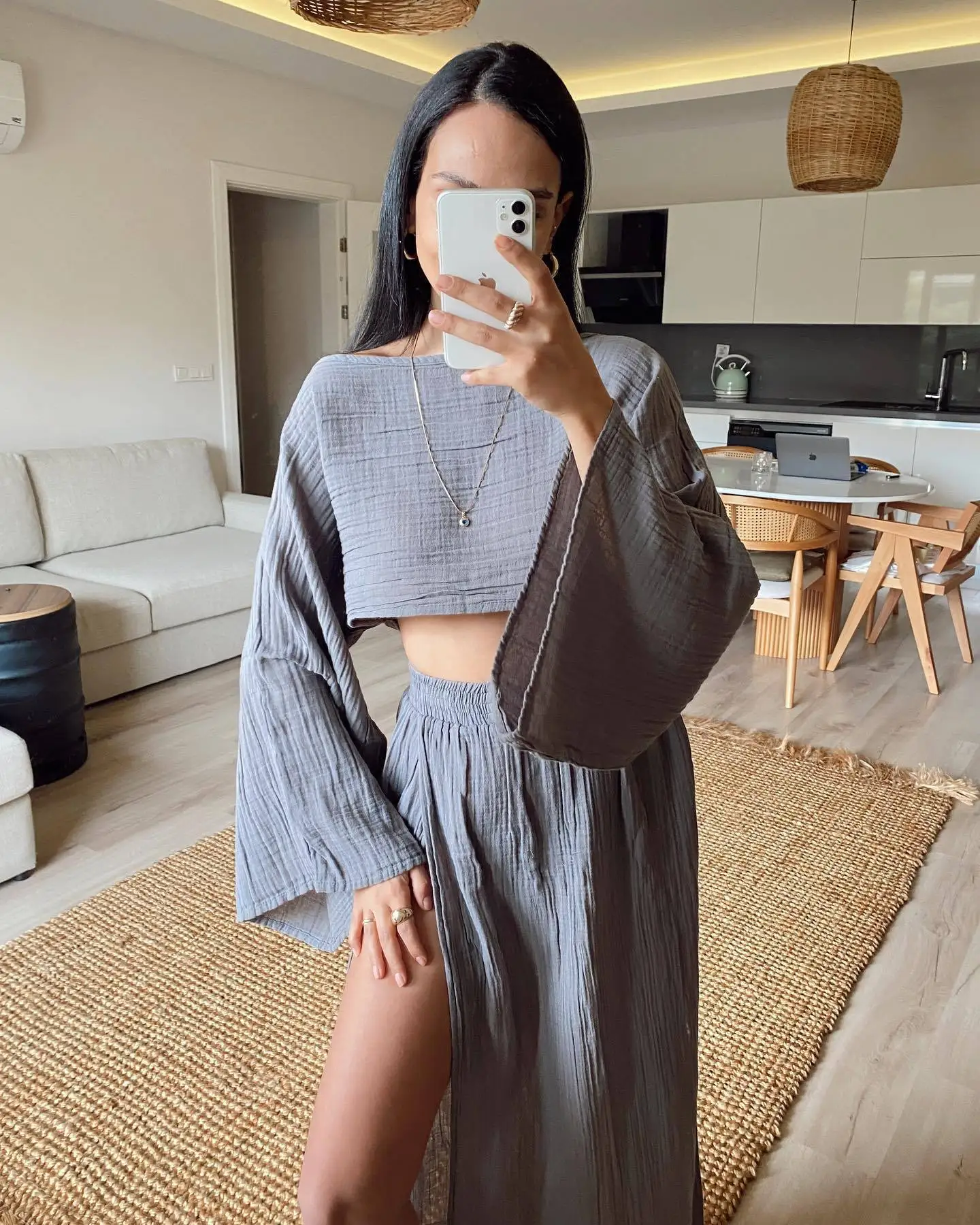 2 Pcs/Set Women Crop Top Skirt Sets Long Sleeve Top High Waist Split Skirts Suit Beach Bikini Coverup Lady Elegant Party Outfit - Image 9