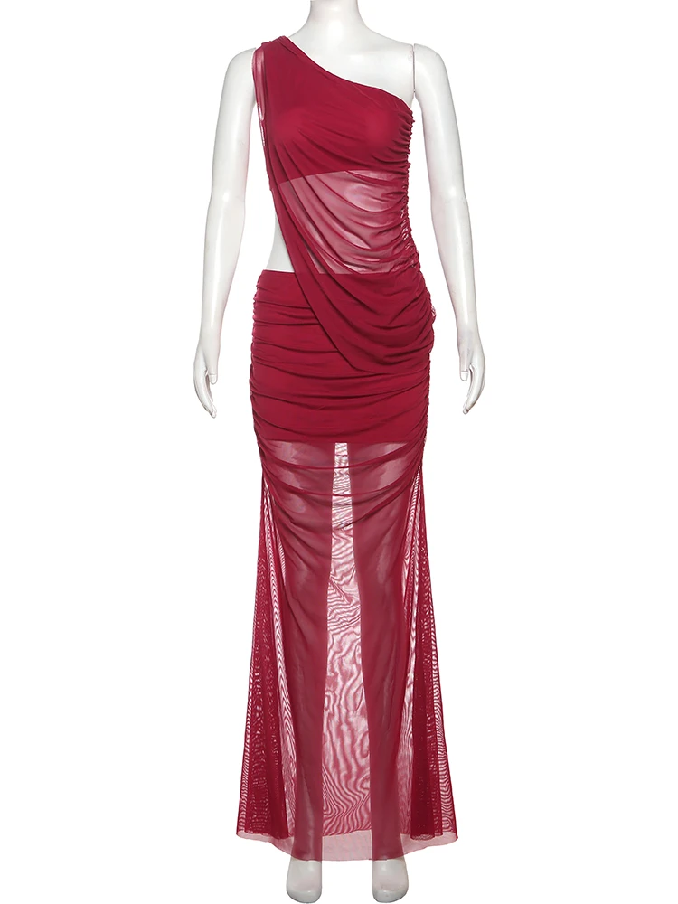 Weird Puss Irregular 2 Piece Set Women Double Deck Summer Mesh Diagonal Collar Tank Top+Ruched Maxi Skirts Matching Club Outfits - Image 6