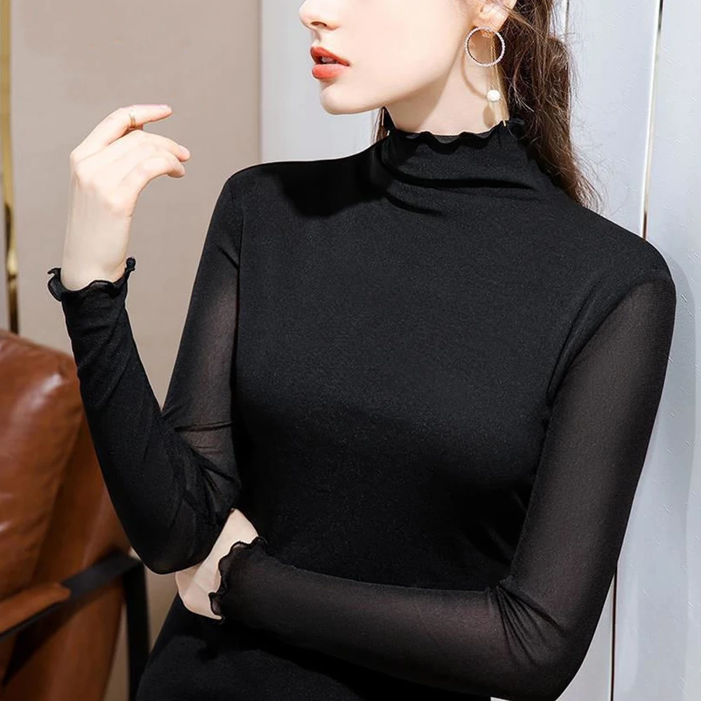 High Neck Sheer Mesh Top Women Long Sleeve Turtleneck T-shirt Korean Sexy See Through Black White Red Purple Shirt S-2XL - Image 11