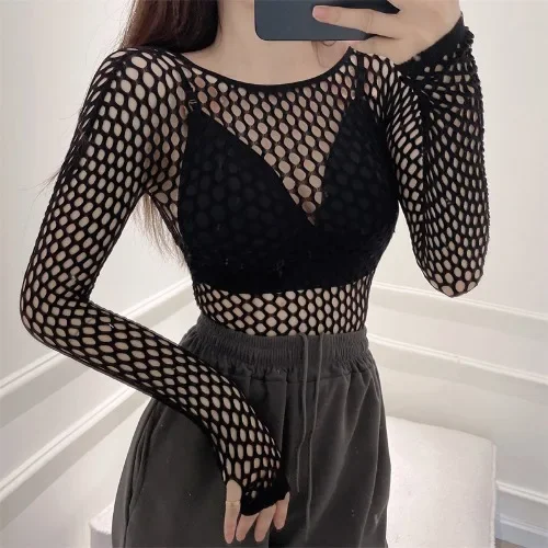 Sexy T-shirt for Women Goth Black Skinny Mesh See Through Long Sleeve Tees Pullover Crop Top Gothic Turtleneck Streetwear - Image 8