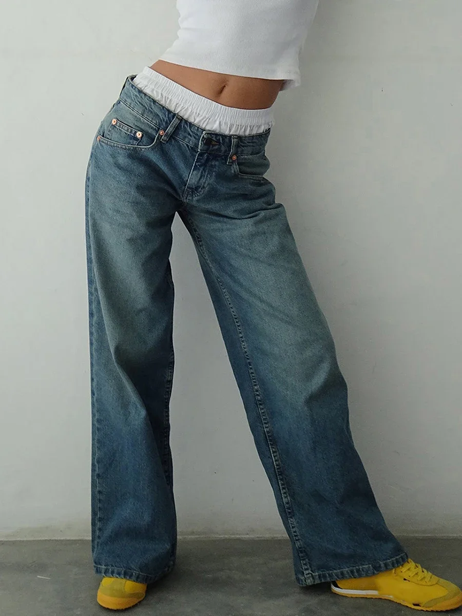 Y2k Vintage Low Rise Jeans for Women Jeans Wide Straight Leg Baggy Jeans Boyfriend Denim Pants with Pocket Streetwear - Image 9