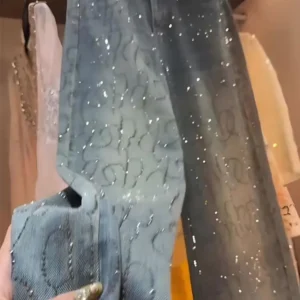 Diamond Jeans for Women Shiny High Waist Loose Wide Leg Denim Pants Blue Rhinestone Mopping Pants Streetwear Fashion Trousers