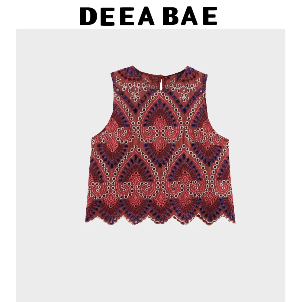 DEEABAE Comfortable Round Neck Sleeveless Top With High Waist Layered Decoration Hollowed Out Embroidery MIDI Skirt - Image 2