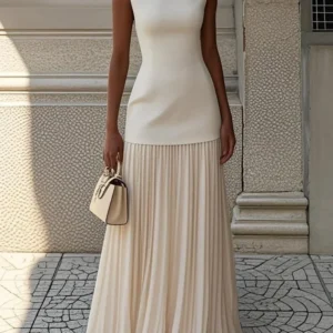 Two-piece Set Women Elegant Solid Splice Pleated Skirts Set Sexy Slash Neck Sleeveless Tank Hollow Slim Maxi Skirts