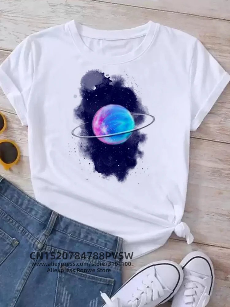 Moon Planet Space Women Print T-Shirts Girl Fashion Funy Casual Round Neck Short Sleeve Streetwear Female Clothes Vintage Tops - Image 22