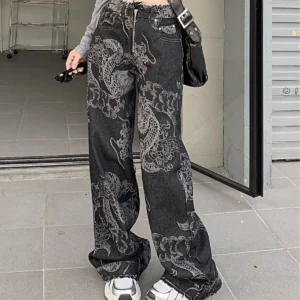 American Style High Waist Wide Leg Jeans Women's Loose Slimming Floor-Length Pants Dragon Pattern Print Fashion Design