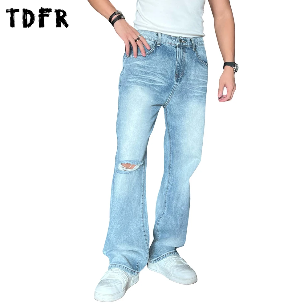 Denim Pants Mens Washed Distressed Retro Streetwear Baggy Straight