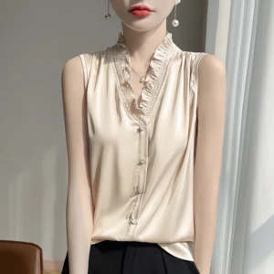 2025 New Mushroom Edge V-neck Satin Sleeveless Fake Buckle Korean Fashion Top Basic 3-color Thin Women's T-shirt ZH A56