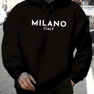 Men's Autumn/Winter Casual Fashion Loose Hoodie MILANO ITALY Letter Pattern Printed Long Sleeve Warm Hoodie
