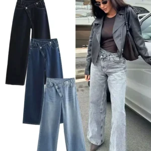 HH Women's Street Fashion Wide-leg Jeans Double-clad Pants With Pockets High Waist Solid Asymmetric Retro Straight Trousers