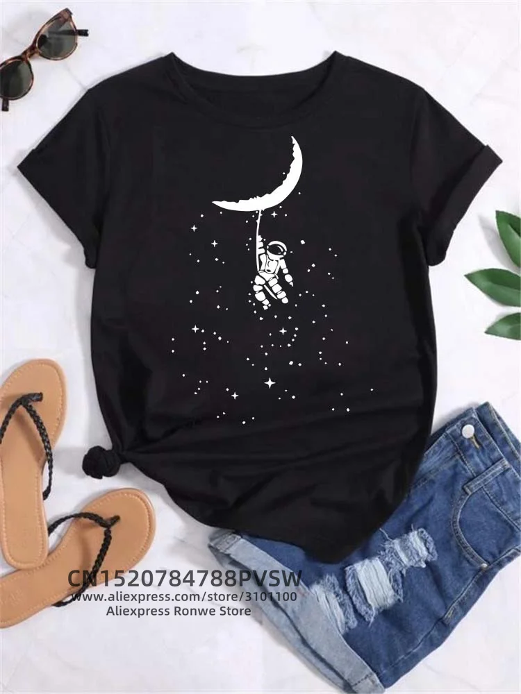 Moon Planet Space Women Print T-Shirts Girl Fashion Funy Casual Round Neck Short Sleeve Streetwear Female Clothes Vintage Tops - Image 24