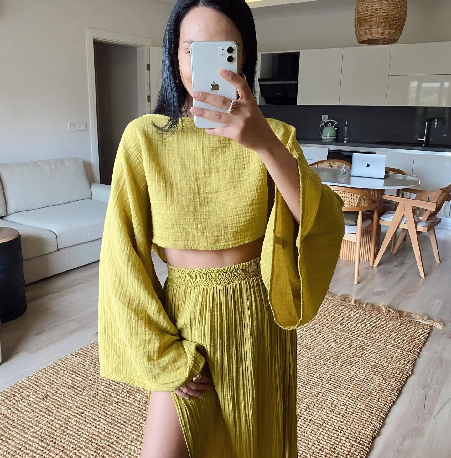 2 Pcs/Set Women Crop Top Skirt Sets Long Sleeve Top High Waist Split Skirts Suit Beach Bikini Coverup Lady Elegant Party Outfit - Image 12