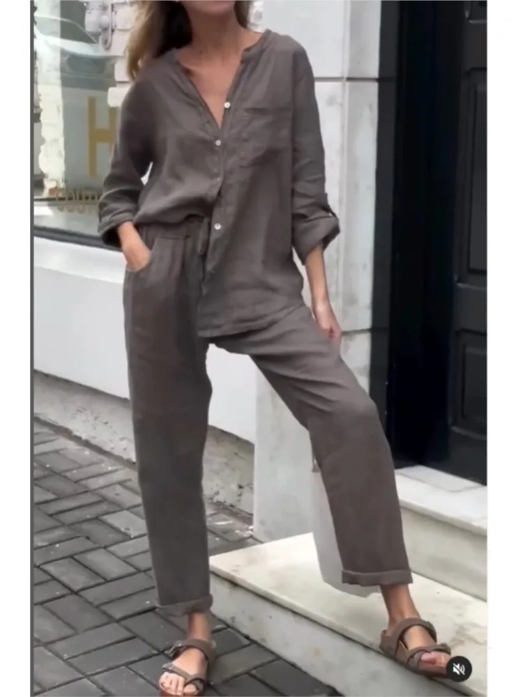 Women's Cotton Linen Solid Color Two-piece Sets 2024 Spring Autumn Fashion V Neck Top Elastic Waist Loose Wide Leg Pants Set - Image 5