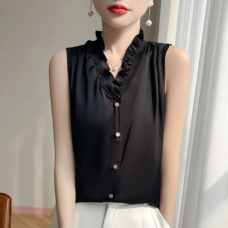 2025 New Mushroom Edge V-neck Satin Sleeveless Fake Buckle Korean Fashion Top Basic 3-color Thin Women's T-shirt ZH A56 - Image 8